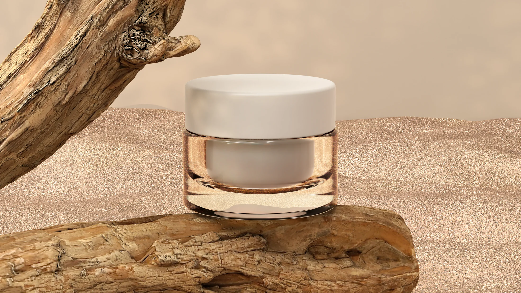 A white skincare jar in a sunlit composition of natural wood and soft beige textures.