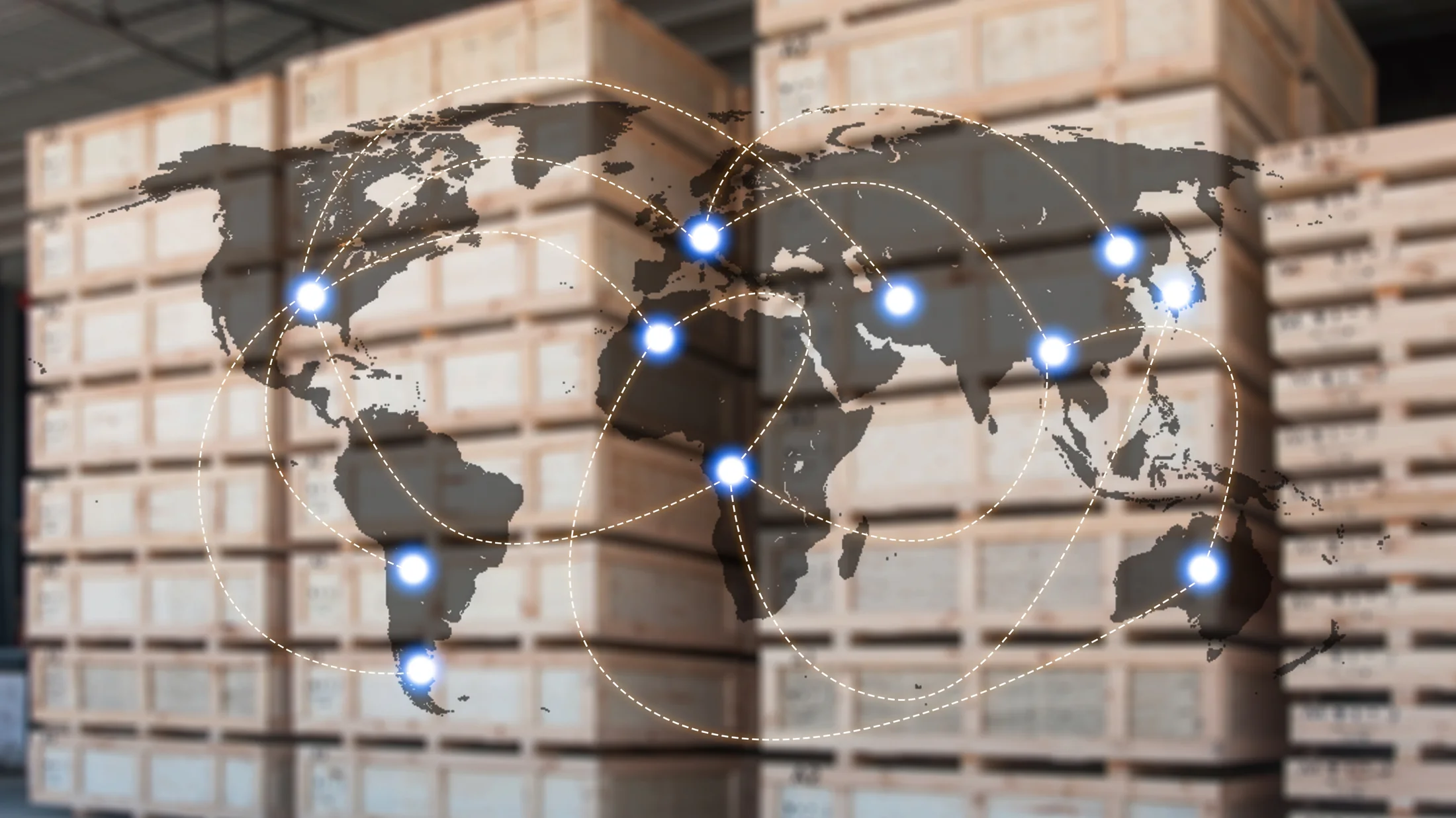 A world map and international connections overlaid on stacked warehouse cartons.