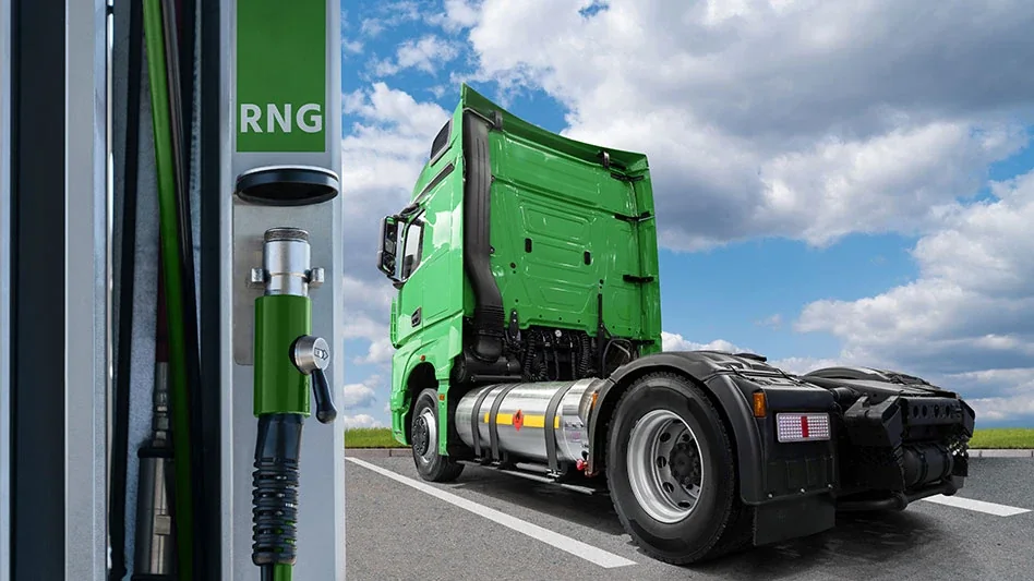 An illustration of a heavy-duty truck beside a renewable natural gas dispenser