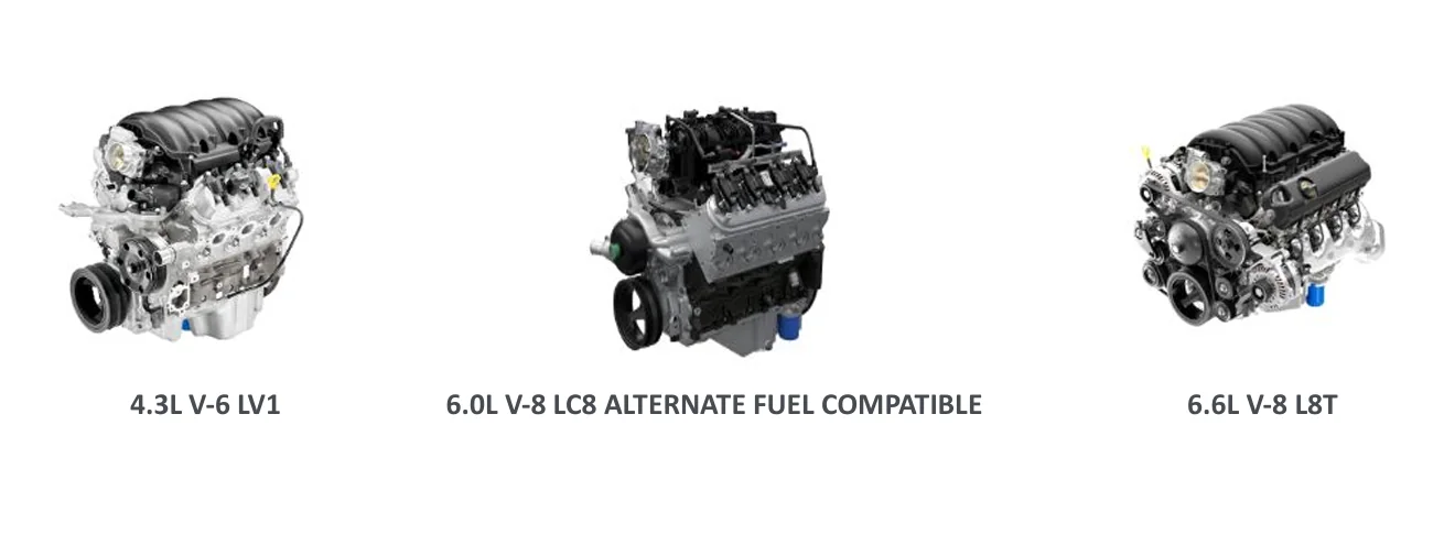 Three vehicle engine assemblies shown as technical product examples