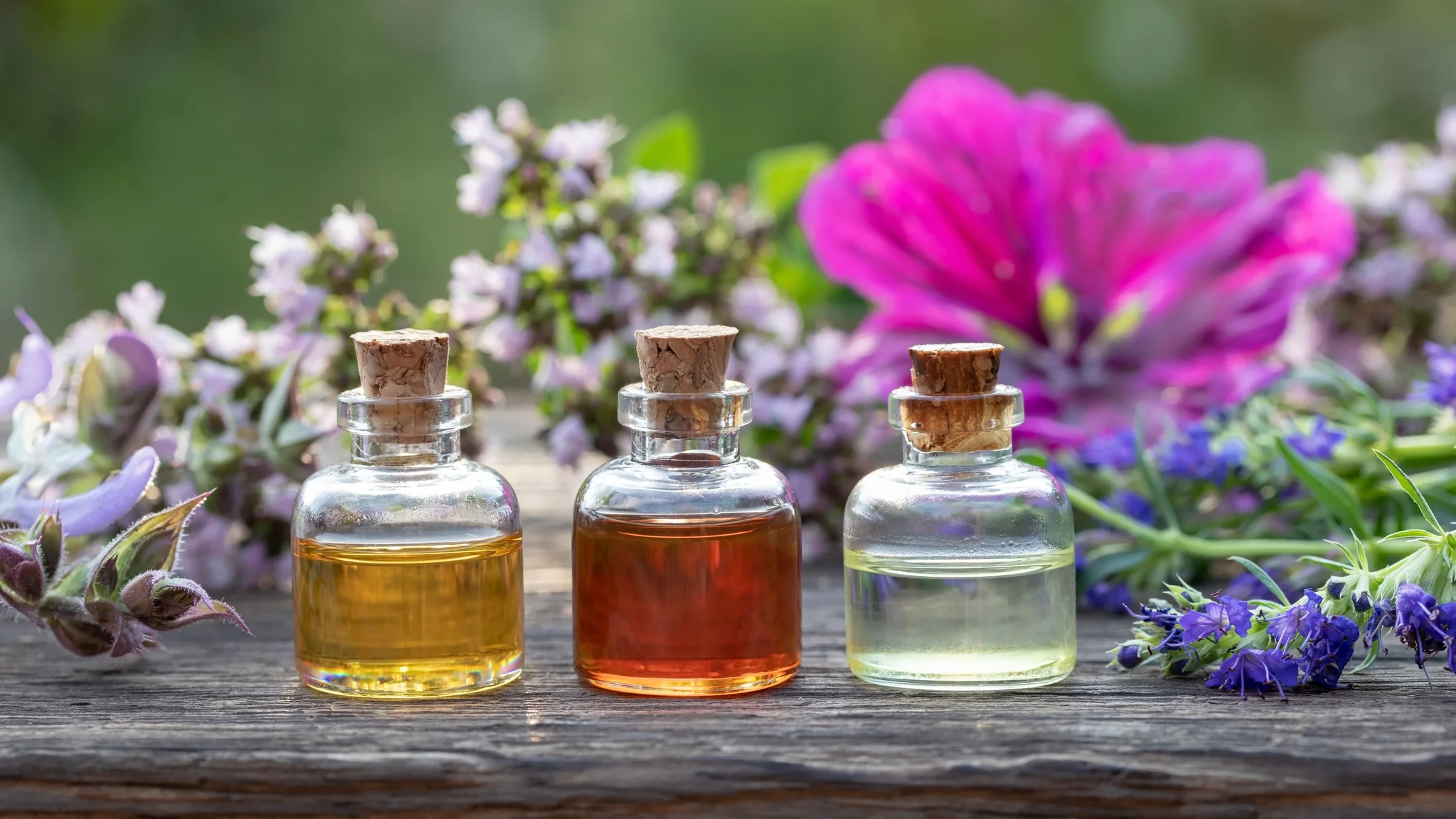 Botanical oils and skincare ingredients in glass bottles with delicate flowers.
